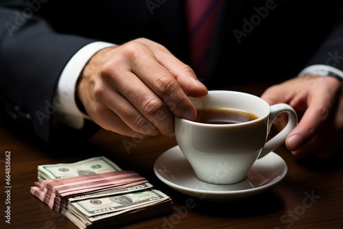 hand drawn illustration of person in suit receiving bribe money under office