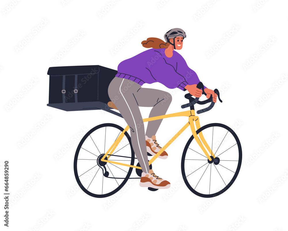 Bicycle delivery service. Woman courier riding bike, delivering food, meal order in thermo box, package. Girl cycling with bag, container. Flat graphic vector illustration isolated on white background Bicycle delivery service. Woman courier riding bike, delivering food, meal order in thermo box, package. Girl cycling with bag, container. Flat graphic vector illustration isolated on white background