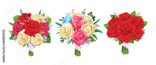 Set of beautiful rose bouquets isolated on white background. Vector illustration of bridal bouquet