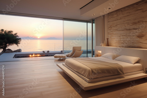 Modern bedroom with sea view at sunset