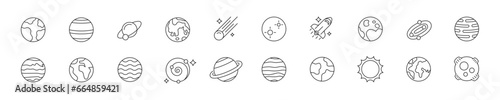 Set of icons with different planets in linear style. Vector illustration.
