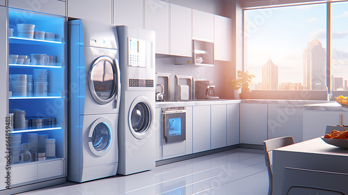 3D product commercial render of modern home appliances, including refrigerators, ovens, or smart home devices, emphasizing their innovative features and usability