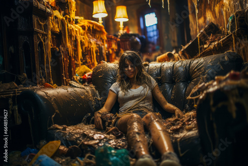 Wallpaper Mural Dirty woman in grimy, dripping room on filthy sofa Torontodigital.ca