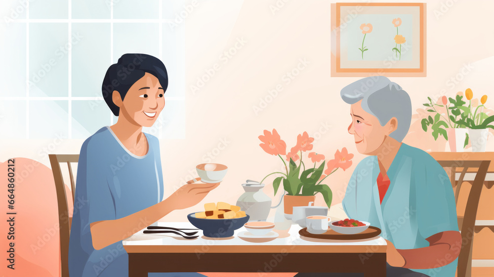 Senior woman sitting and enjoying breakfast with nurse in retirement home illustration Senior woman sitting and enjoying breakfast with nurse in retirement home illustration