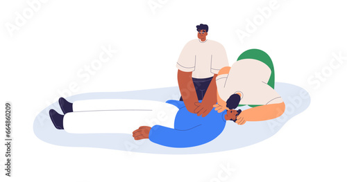 First aid. Rescue with artificial respiration, mouth-to-mouth breathing and cardiac heart massage in emergency. CPR, resuscitation, reanimation. Flat vector illustration isolated on white background