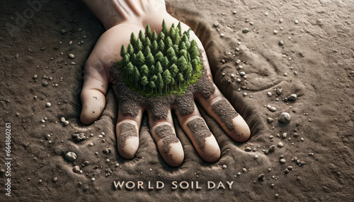 Human Touch: on of a handprint on soil, where within the imprint, a Blossoming miniature forest begins to grow, emphasizing human impact on the environment, with 'World Soil Day' hovering below photo