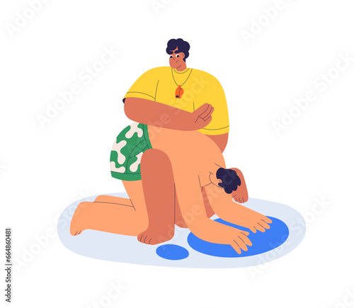 Lifeguard saving life. First aid for drowned person. Lifesaver helping after water accident. Recovery position for sunken man, emergency care. Flat vector illustration isolated on white background