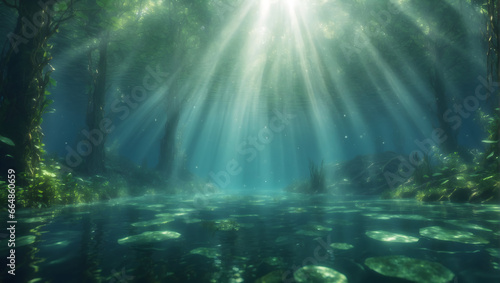 realistic photo of the underwater world with the rays of the sun passing through the water photo