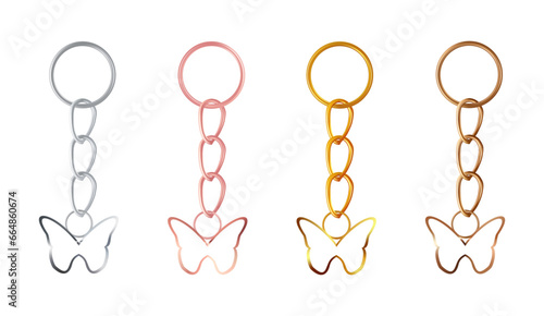 A set of copper or bronze, gold or brass, silver or steel, pink gold keychains in the shape of a butterfly. Metal key holders isolated on white background. Realistic vector illustration. photo