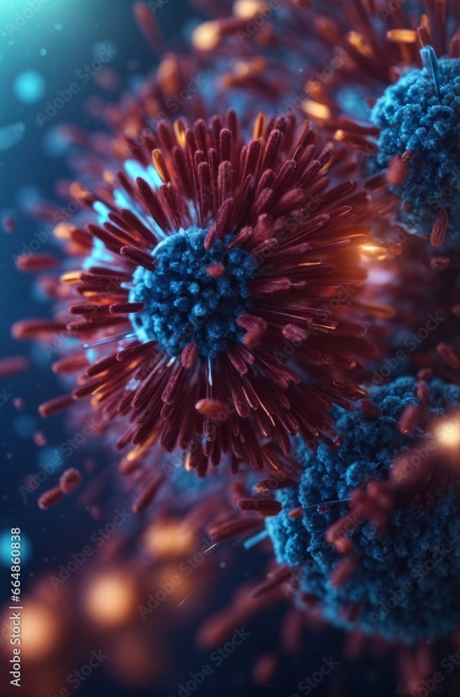 Close up macro details of red blue microbes molecules virus bacteria. Coronavirus outbreak COVID-19. Medicine concept