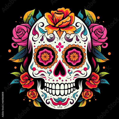 Mexican roses skull. Mexican roses skull. Dia de los muertos shugar colorful head.