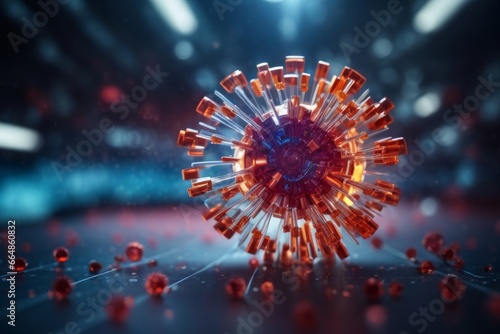 Close up macro details of red blue microbes molecules virus bacteria. Coronavirus outbreak COVID-19. Medicine concept