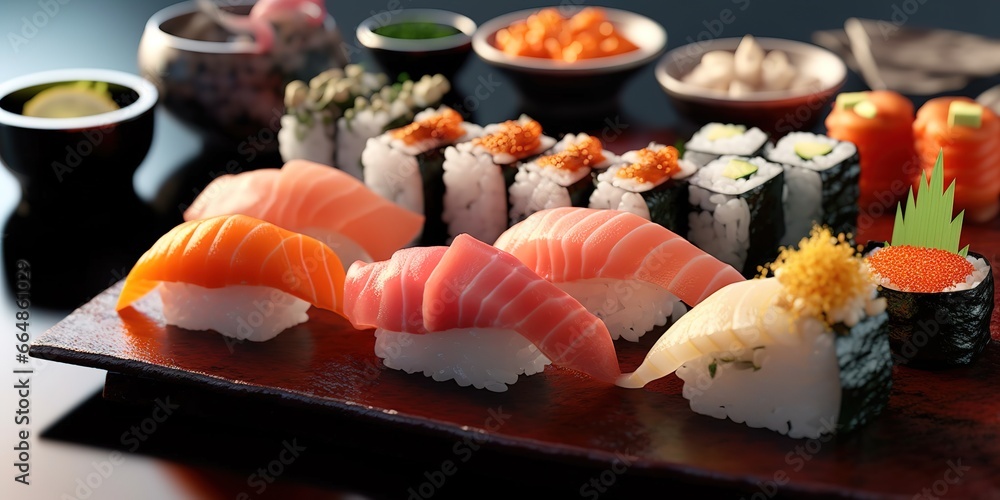 photos of delicious and appetizing sushi. Generative AI photos of delicious and appetizing sushi. Generative AI