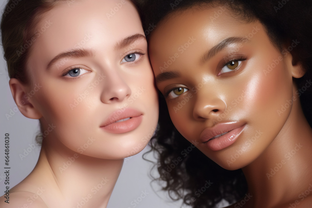Beautiful girls Caucasian and POC faces close to each other. Natural looking. Banner for beauty skin body care bio eco cosmetics concept Beautiful girls Caucasian and POC faces close to each other. Natural looking. Banner for beauty skin body care bio eco cosmetics concept