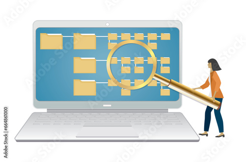 File maps. Woman with magnifying glass in front of a laptop screen. Organization logistic and search. Hacker. Isolated. Vector illustration.