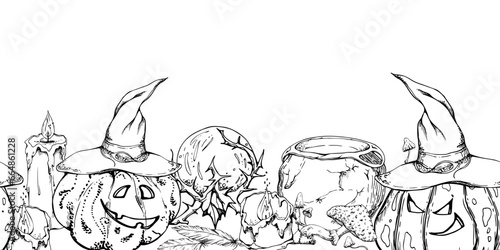 Hand drawn ink vector witch altar carved pumpkin, mushroom isolated seamless banner. Sketch illustration art Halloween, witchcraft, occult, alchemy. Design shops, logo, print, website, card, booklet