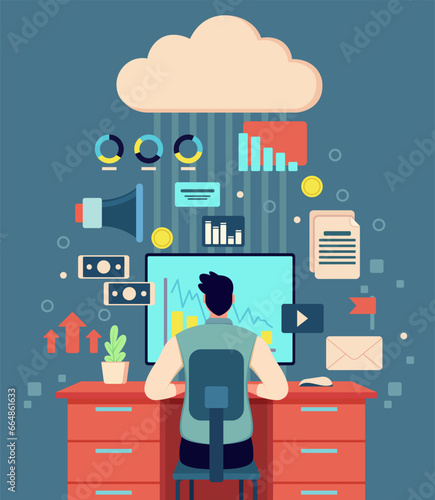Cloud storage for work and business vector illustration. Cartoon drawing of male working on computer. Analytics, marketing, documents, database concept.