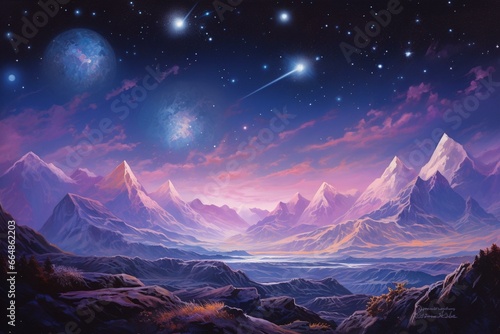a painting of a mountain range with a distant star and planet in the sky, against a pink and blue background with stars. Generative AI