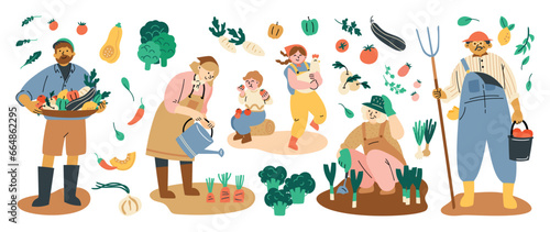 Eat local vector illustration set. Organic farming with people farmers doing farming job, planting, local organic production, Fruits and vegetables, agriculture and gardening, modern farmers market. © TWINS DESIGN STUDIO