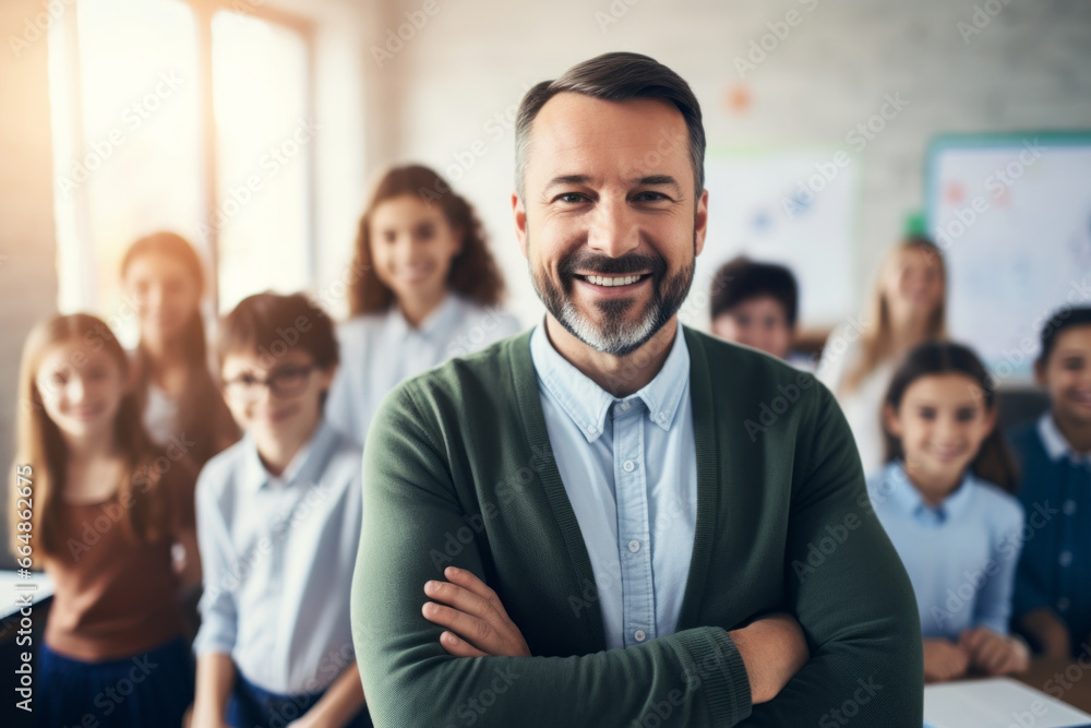 Handsome professional male teacher of nursery school or kindergarten looking at camera while standing against group of little learners. Handsome professional male teacher of nursery school or kindergarten looking at camera while standing against group of little learners.