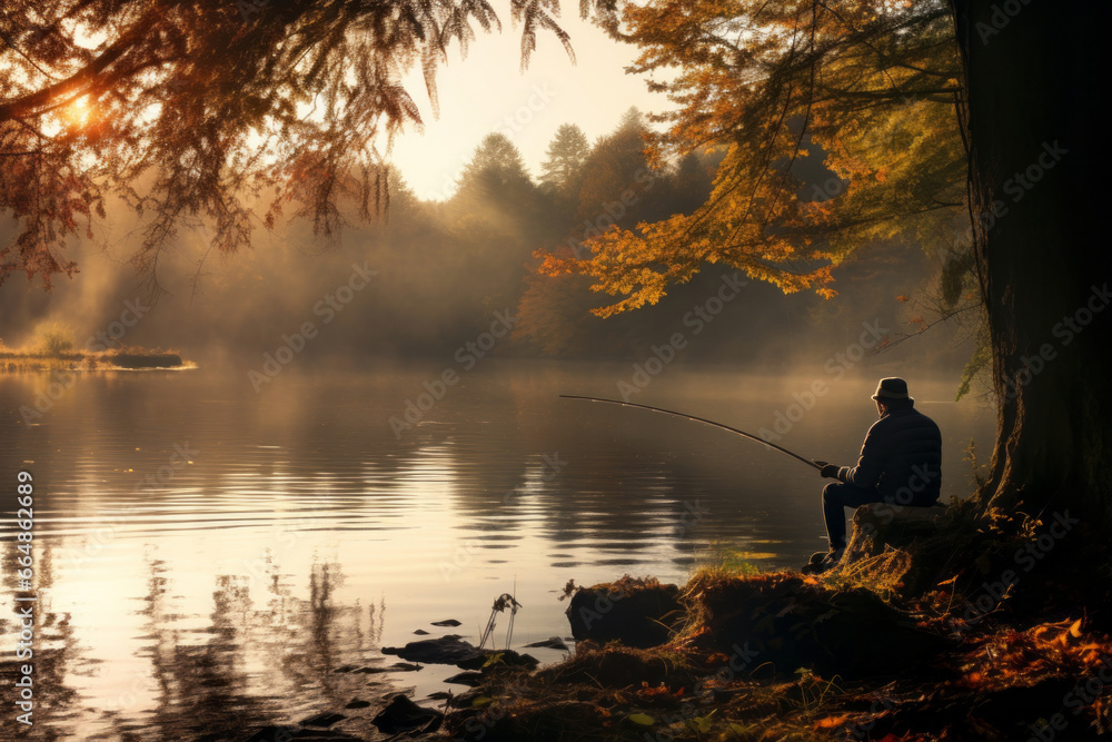 Senior man fishing on the lake on sunny autumn evening. Elderly fisherman spending time in nature. Leisure and hobbies for retired people.