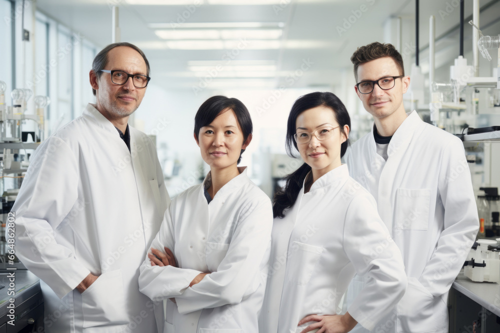 Portrait of a diverse group of research scientists in a big modern laboratory. Portrait of a diverse group of research scientists in a big modern laboratory.