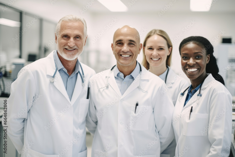 Portrait of a diverse group of research scientists in a big modern laboratory. Portrait of a diverse group of research scientists in a big modern laboratory.