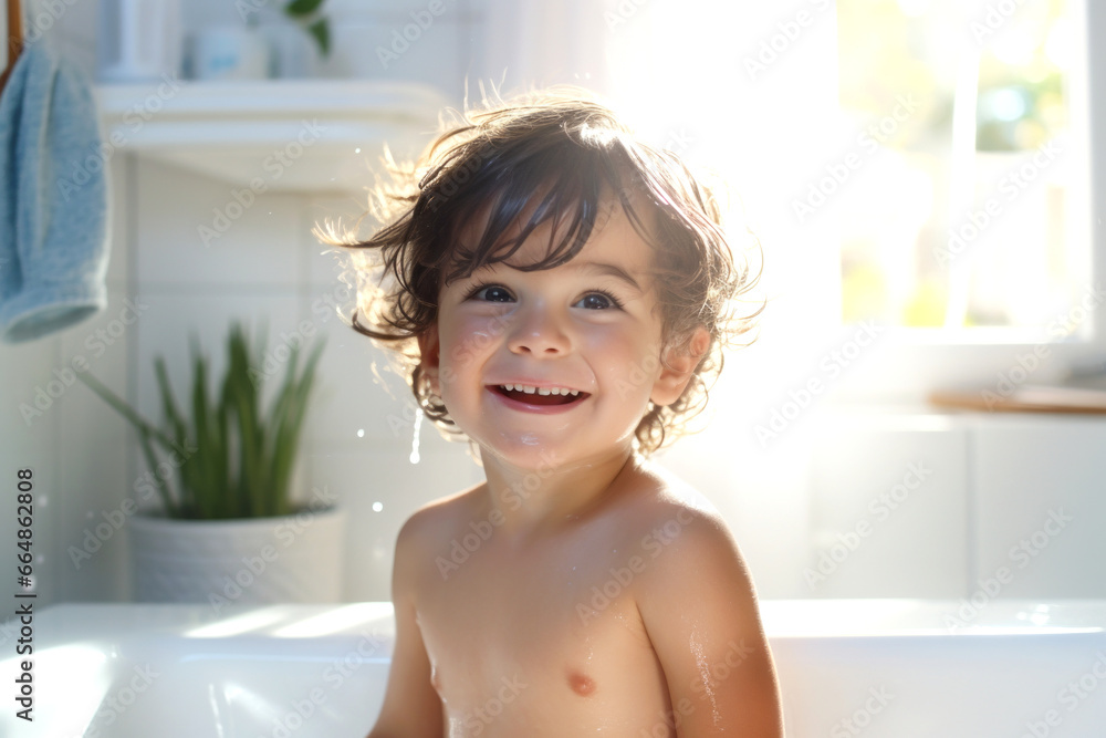 Happy child playing in a white bathtub. Kid washing in foam in the bathroom. Happy child playing in a white bathtub. Kid washing in foam in the bathroom.