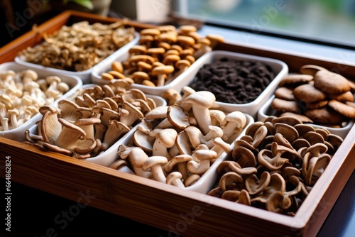 several types of medicinal mushrooms in a tray