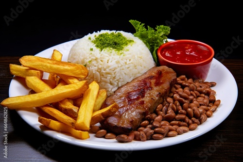 Rice, beans, French fries, and meat. © MdImam