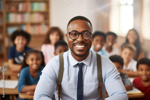 Handsome professional male teacher of nursery school or kindergarten looking at camera while standing against group of little learners.