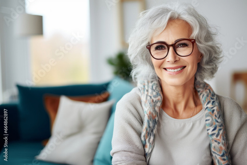Portrait of elegant confident senior lady with gray hair and beautiful smile.