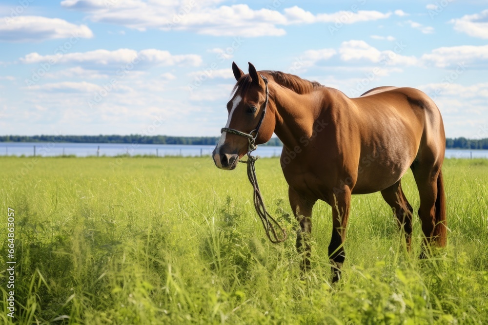 a tethered horse grazing in an open field a tethered horse grazing in an open field