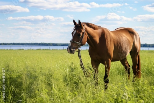 a tethered horse grazing in an open field