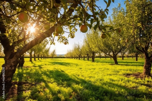 sunny orchard with unharvested apple trees