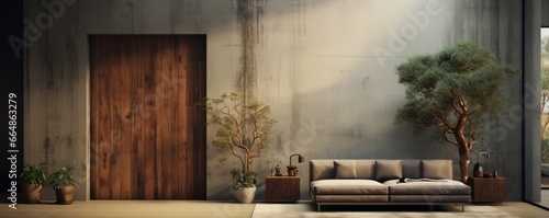 In this modern minimalist living room with a large old wooden door  doors with architrave  and stains on the door  there is a minimalist style and futuristic interior design.