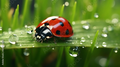 A ladybug with its distinctive red and black spots crawling on a blade of grass in the morning dew in a