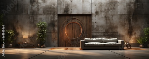 In this modern minimalist living room with a large old wooden door, doors with architrave, and stains on the door, there is a minimalist style and futuristic interior design. © ND STOCK