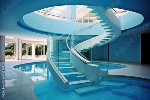 Modern swimming pool with stairs. Outside water summer empty resort. Generate Ai