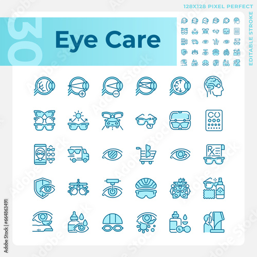 Pixel perfect blue icons set representing eye care, editable thin line illustration.