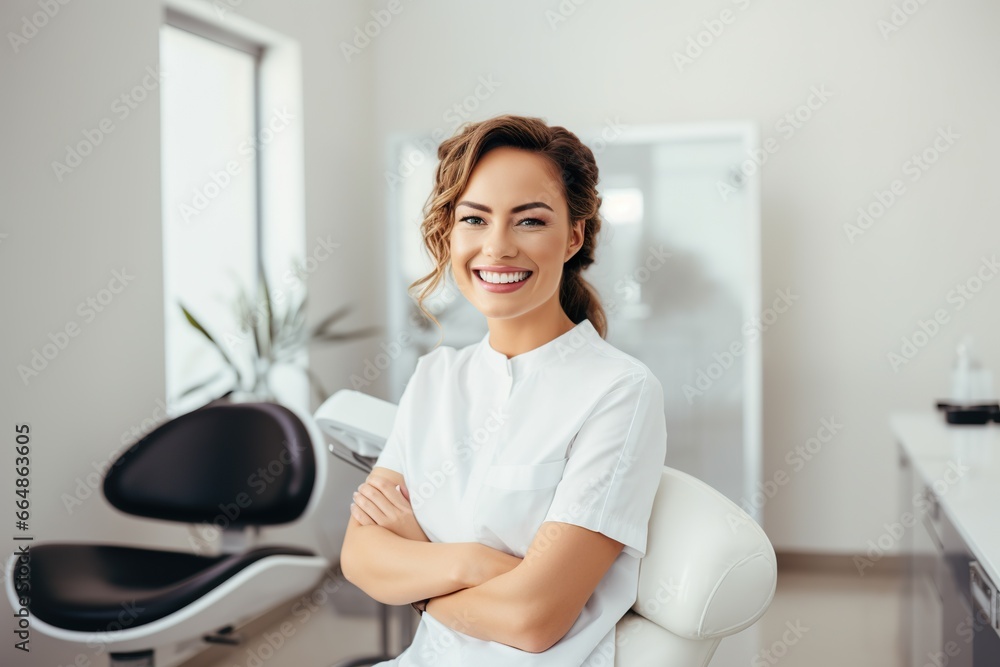white caucasian woman happy in a dentist professional studio white caucasian woman happy in a dentist professional studio