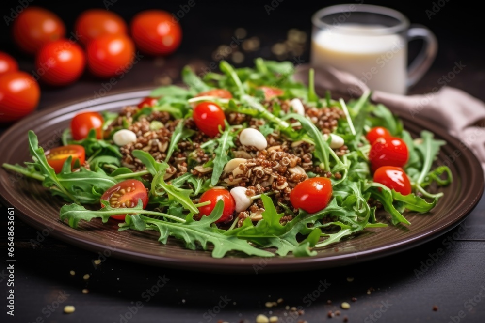 serving quinoa salad with arugula and cherry tomatoes on a plate serving quinoa salad with arugula and cherry tomatoes on a plate