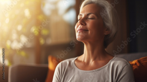 Mature senior woman practice guided meditation for mental health problems and peace