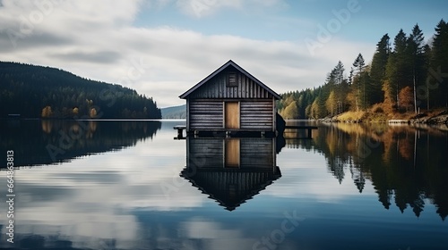 Vintage Wooden Boathouse on a Calm Lake. generative AI