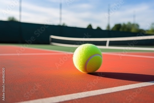 tennis court with racket and ball, nobody around