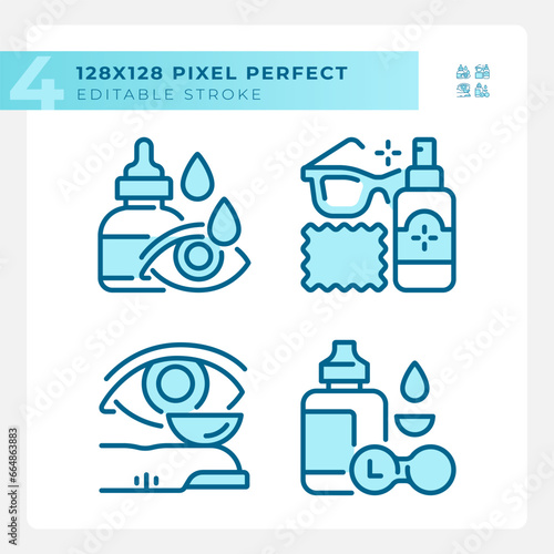 2D pixel perfect blue icons set representing eye care, editable thin linear illustration.