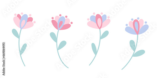 Four cute vector flowers  pastel flat flower illustration set