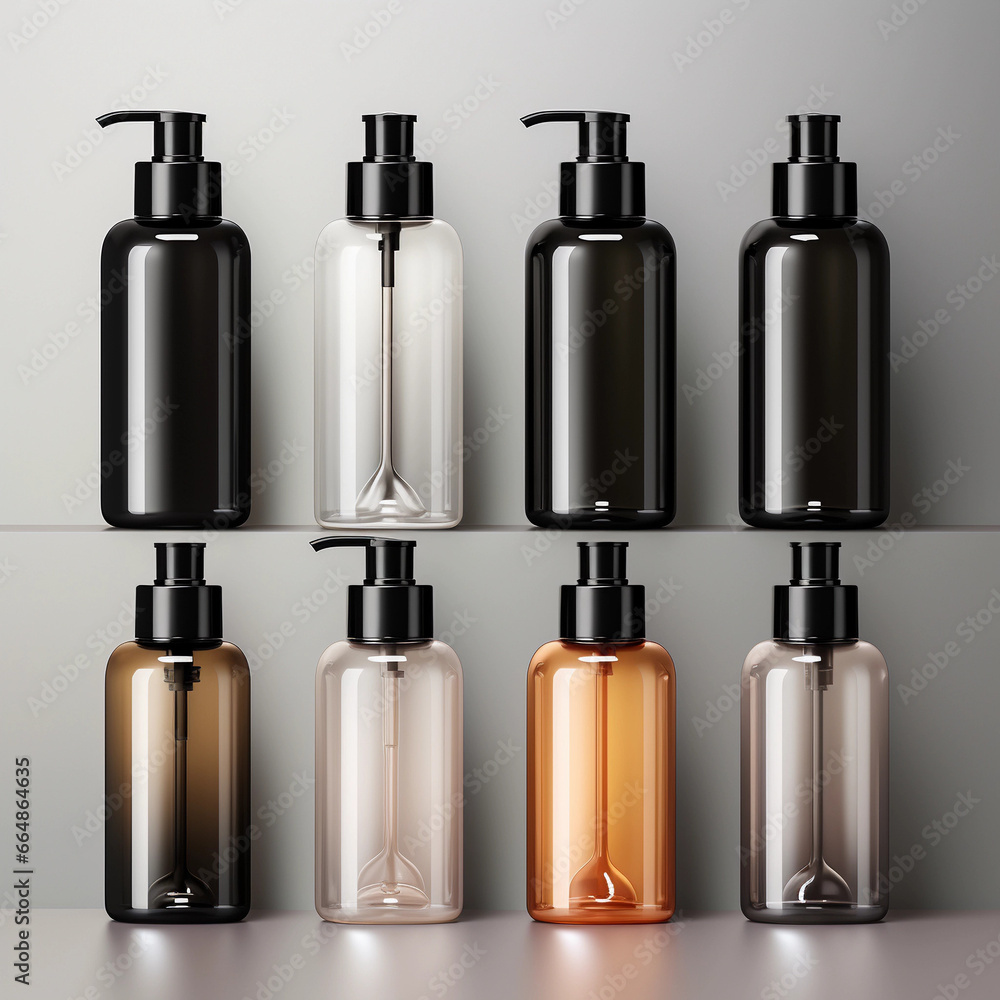 Elegant Assortment of Pump Dispenser Bottles in a Gradient of Neutral Tones Elegant Assortment of Pump Dispenser Bottles in a Gradient of Neutral Tones