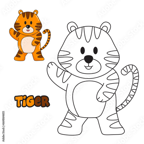 Vector illustration. Coloring book , Coloring tiger. Cartoon animal. Clipart set for nursery poster, Practice skills