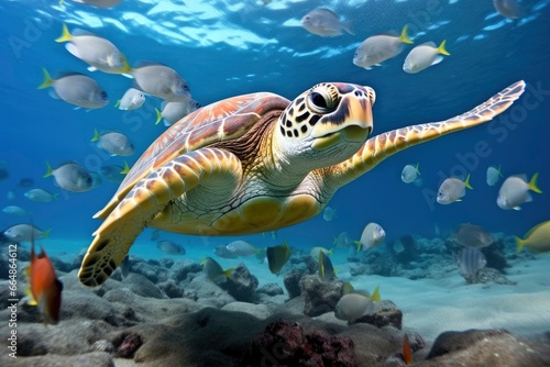 Turtle closeup with school of fish. © MdImam